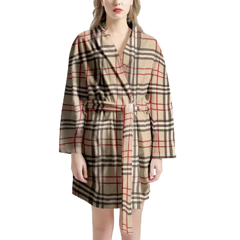 Beige Plaid Tartan Women's Robe