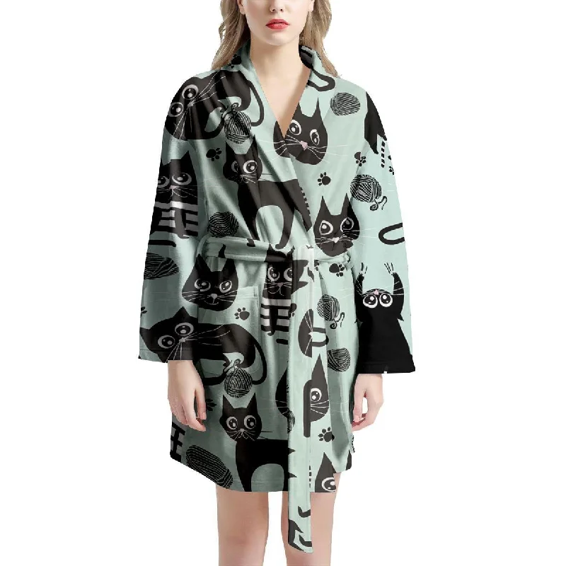 Cute Black Cat Print Women's Robe