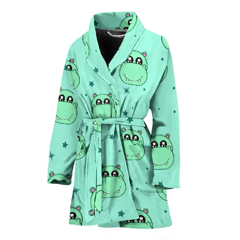 Cute Hippo Pattern Print Women Long Robe