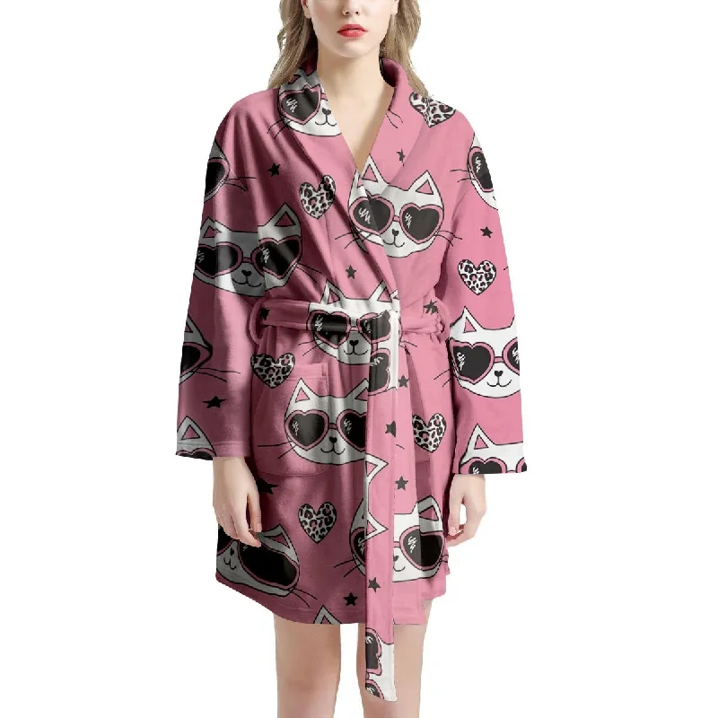 Pink Cat Print Women's Robe