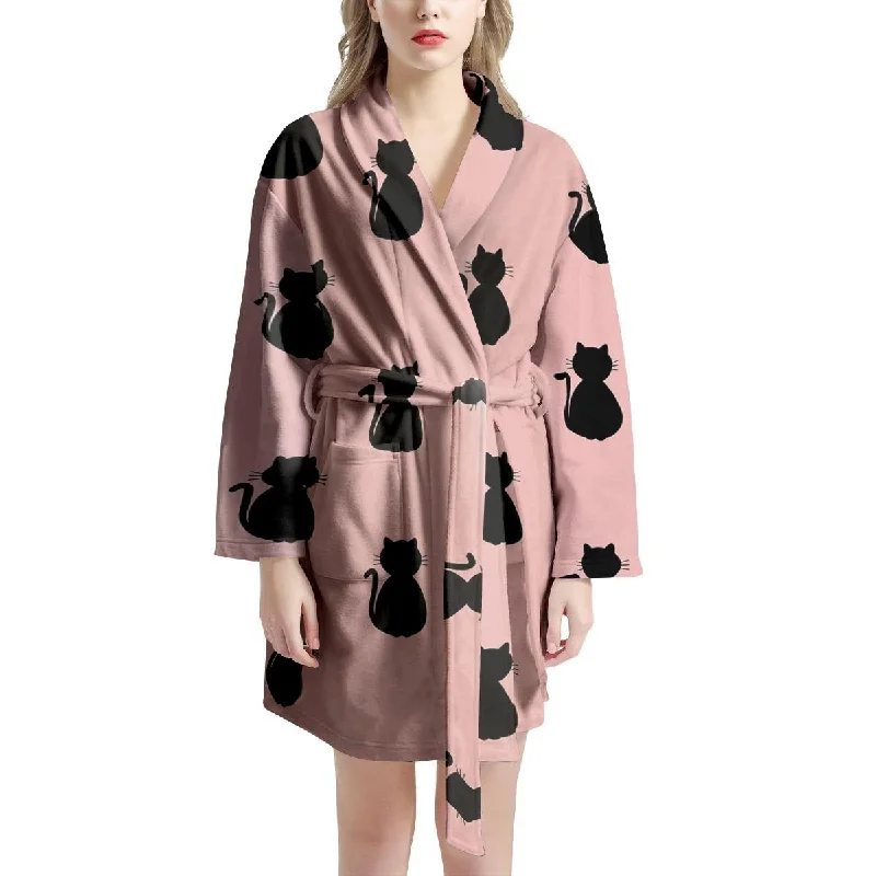 Pink Silhouette Cat Print Women's Robe