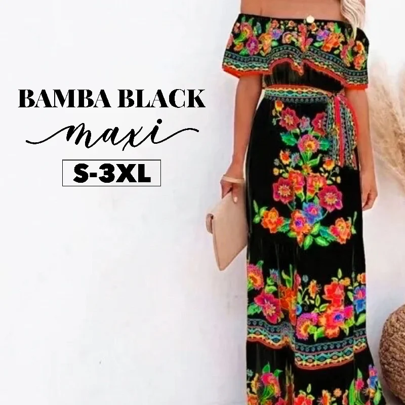 S - 3XL maxi Bamba Black / Boho Blanco resort cruise quince dress twist on campesino tradition + smooth floral or ombré prints > photography