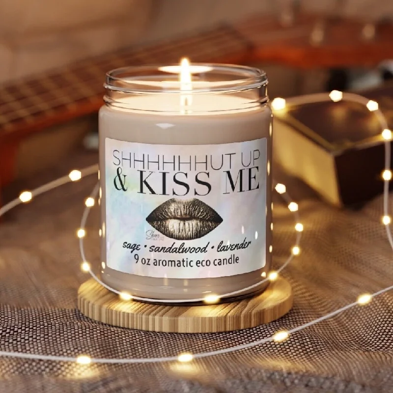 shhhUT UP & KISS ME candle smells like him aromatic lavender sandalwood sage soy wax 9oz glass lid 60 hour Valentines gift bronze pink lip