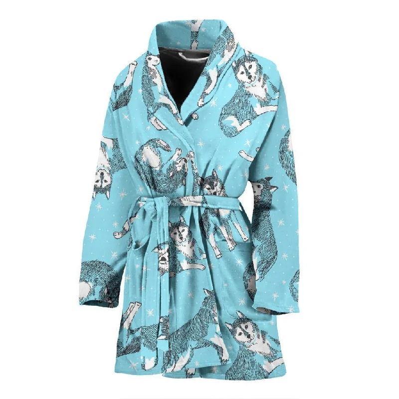 Wolf Hand Drawn Pattern Print Women Long Robe