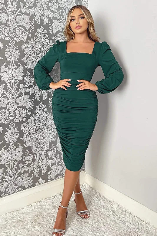 Teal Square Neck Ruched Long Sleeve Midi Dress