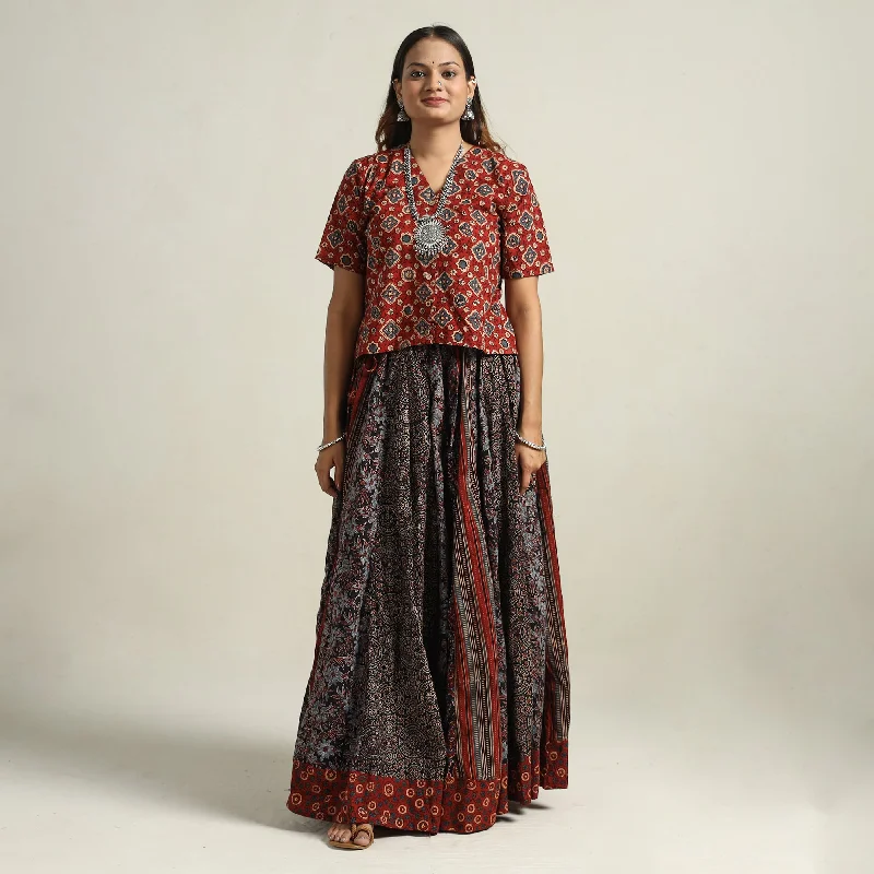 Multicolor - Ajrakh Block Printed 24 Kali Patchwork Cotton Long Skirt 17