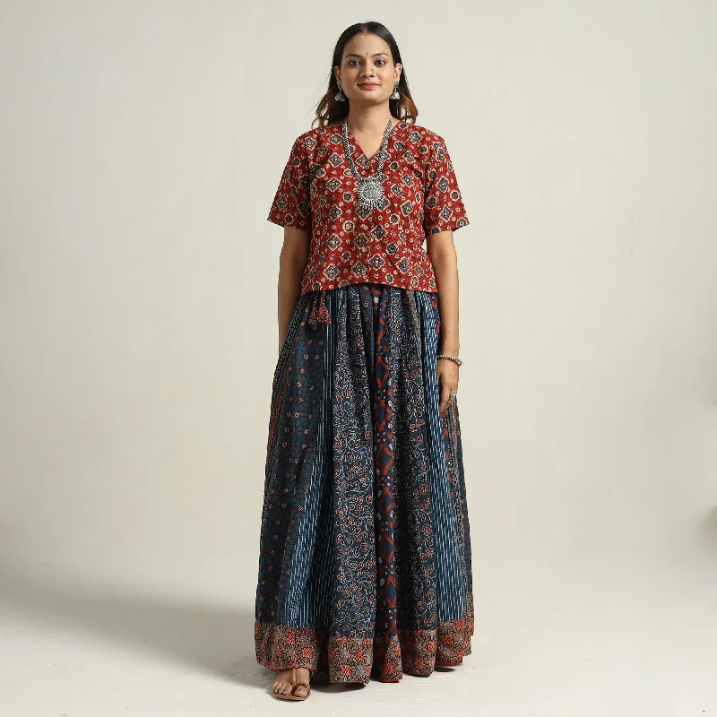 Blue - Ajrakh Block Printed 24 Kali Patchwork Cotton Long Skirt 35