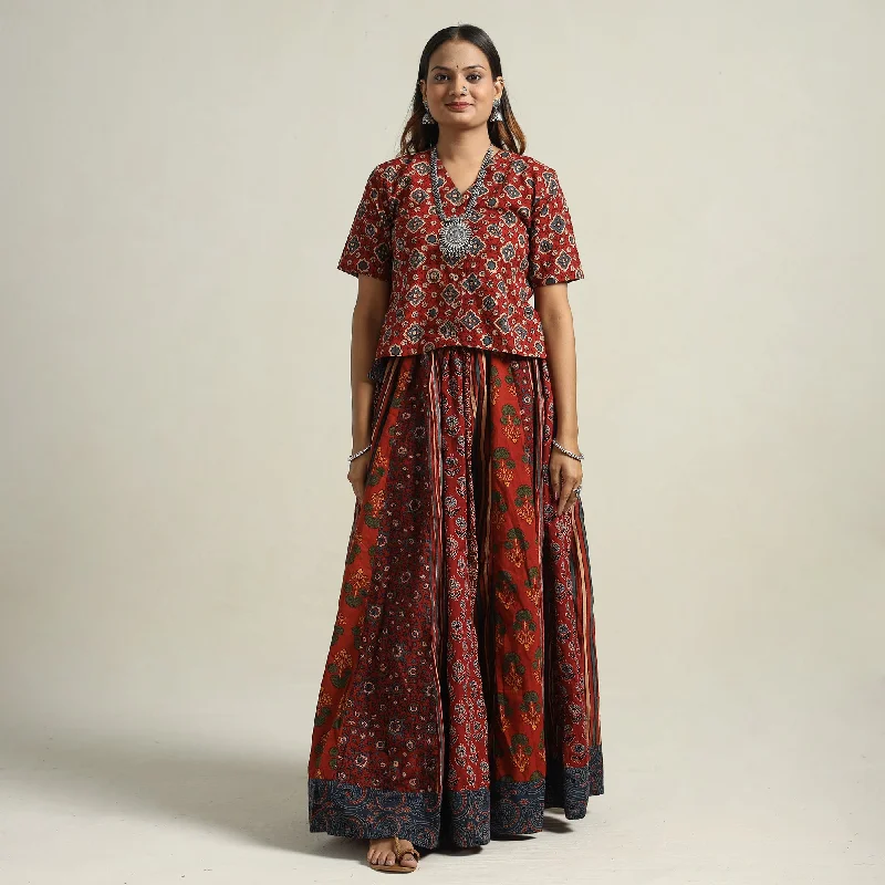 Red - Ajrakh Block Printed 24 Kali Patchwork Cotton Long Skirt 65