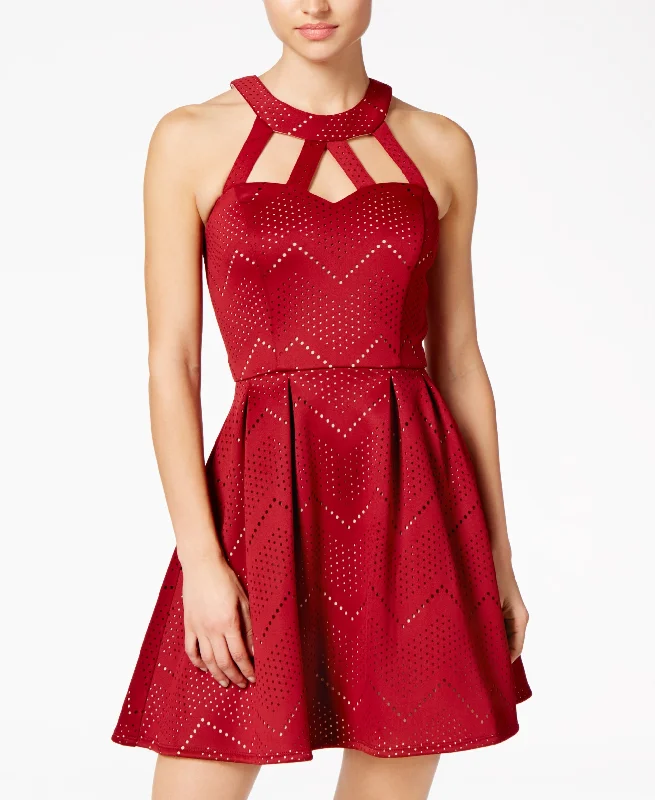 Crystal Doll Juniors Laser Cutout Halter Fit Flare Dress?id=2900