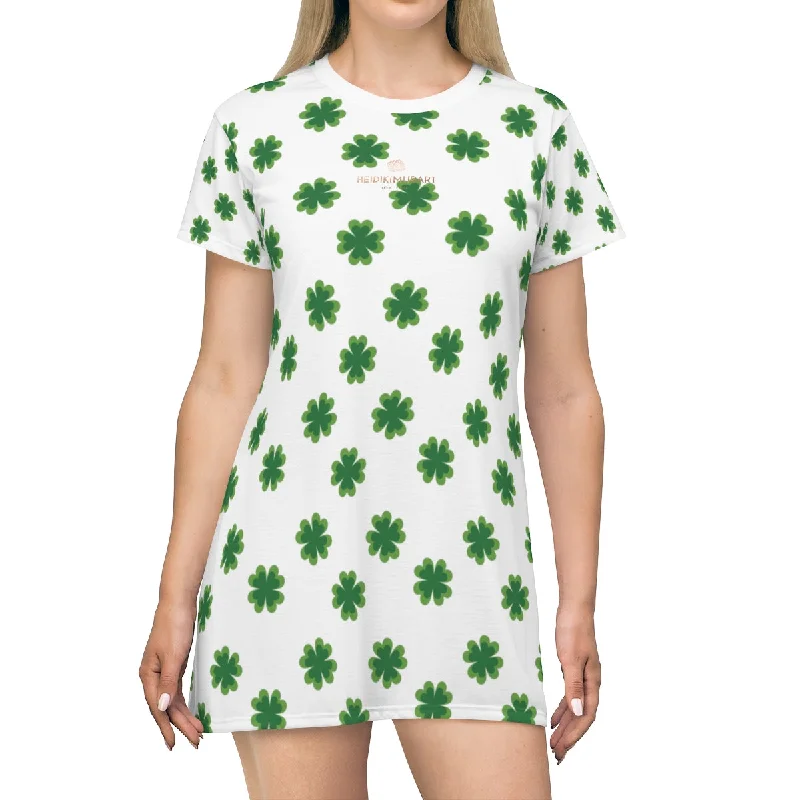 Green Clover Tee Shirt Dress, Print St. Patrick's Day Women's T-Shirt Premium Long Dress- Made in USA