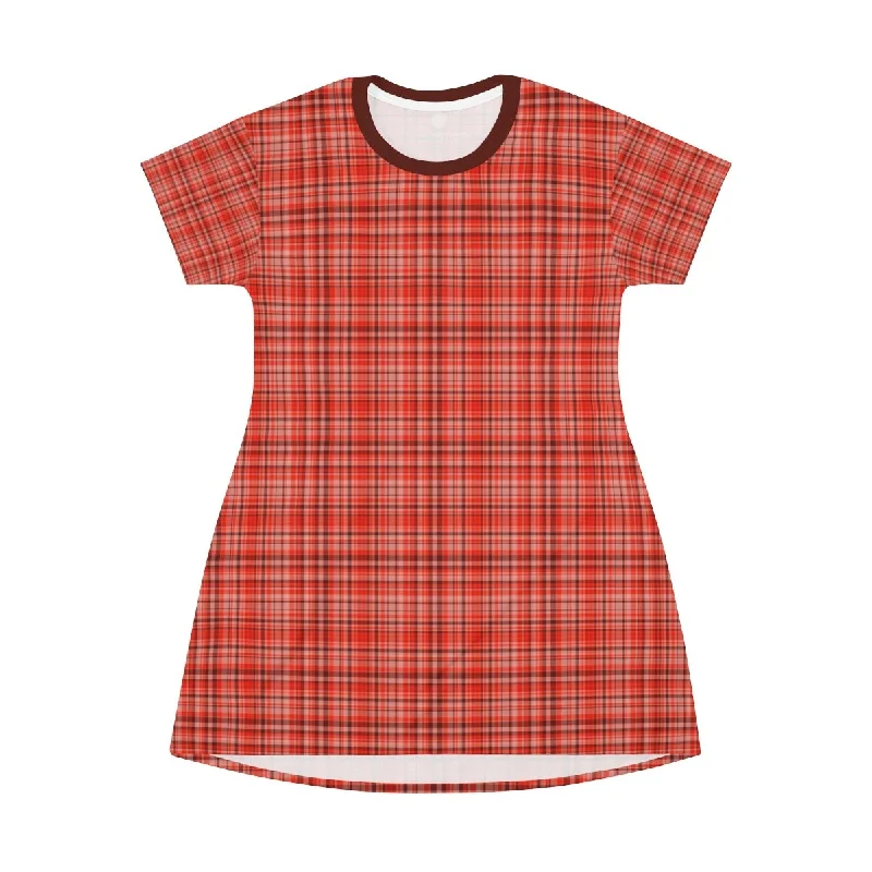 Orange Red Plaid T-shirt Dress, Best Tartan Print Designer Crew Neck T-shirt Dress-Made in USA