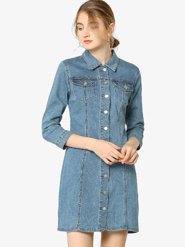 3/4 Sleeve Button Down Denim Shirt Dress