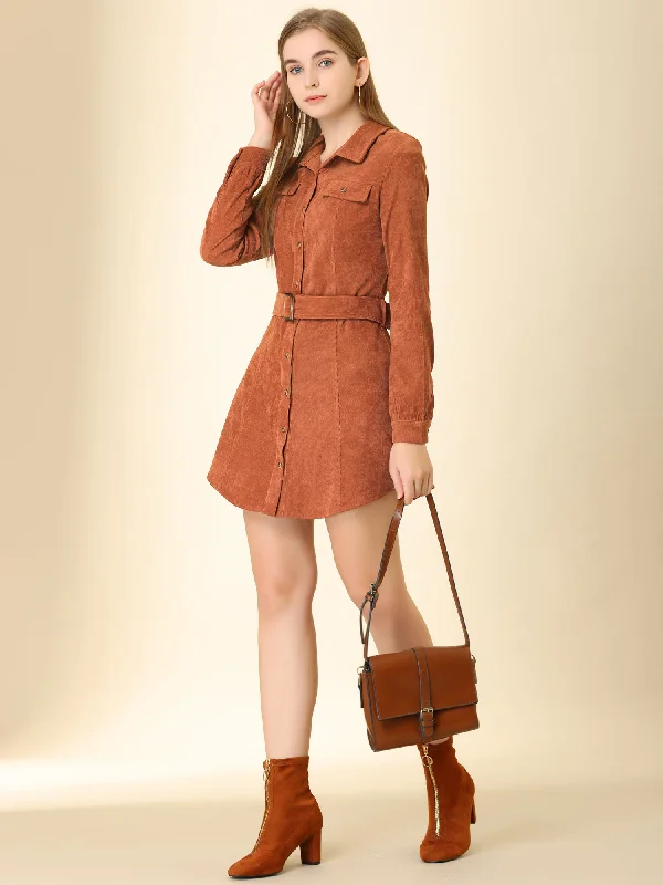 Corduroy Safari Point Collar Belted Button Long Sleeve Shirt Dress