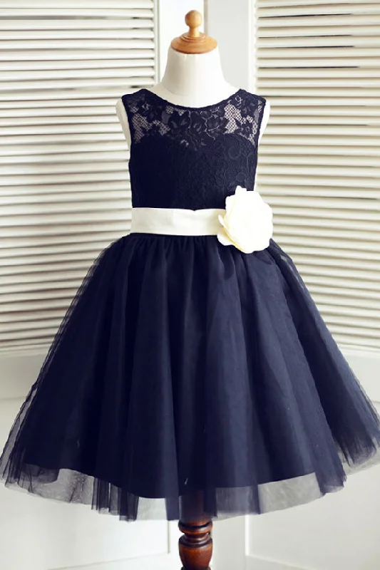 A-Line Round Neck Navy Blue Tulle Flower Girl Dresses with Lace Flower F048