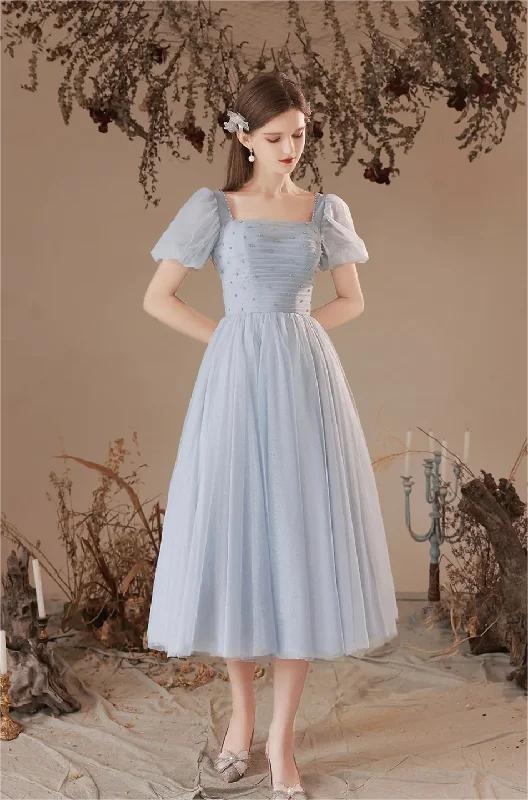 Gray Tulle Pearl Short Sleeve Tea-length Prom Dress Bridesmaid Dress N379