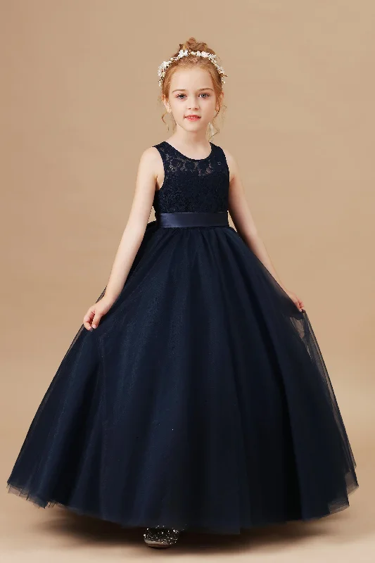 Pretty Sleeveless Lace Tulle Flower Girl Dresses With Bownot