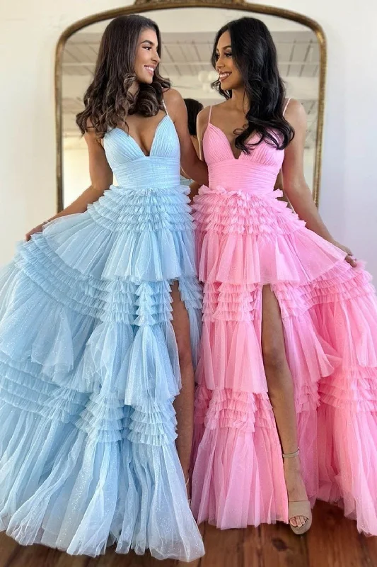 Stunning A-Line Spaghetti Straps Long Tiered Tulle Prom Dress With Split